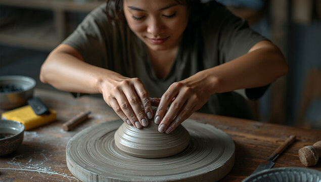 粘土をこねる東アジア20代ノンバイナリー、指間に現れる可塑性の普遍的な瞬間