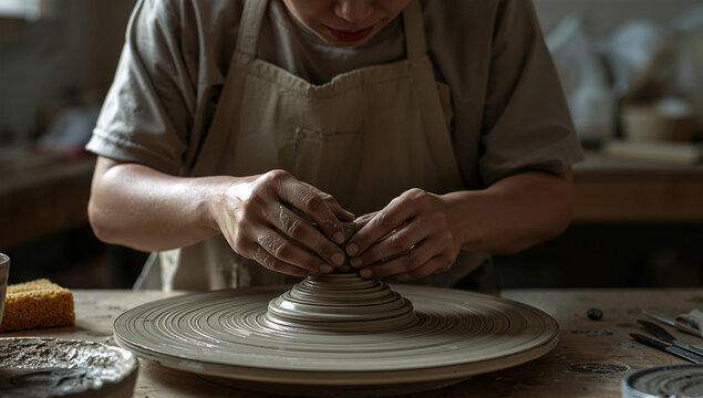 粘土をこねる東アジア20代ノンバイナリー、指間に現れる可塑性の普遍的な瞬間