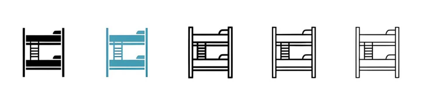 Hostel bunk bed vector thin line icon set for web ui designs. Thin line customizable illustration. Contour symbol. Vector isolated outline drawing. Editable stroke