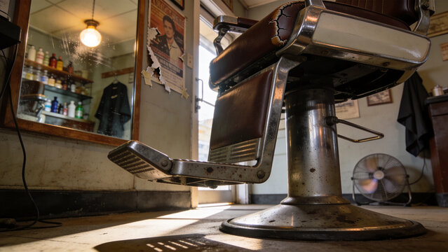 低い視点で見上げる古い理髪店、革椅子の金属と鏡のポスターが作る奥行き