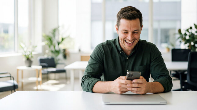 Man smiling at smartphone, happy man using phone at office desk, casual businessman laughing while texting, modern workspace natural light, close up shot