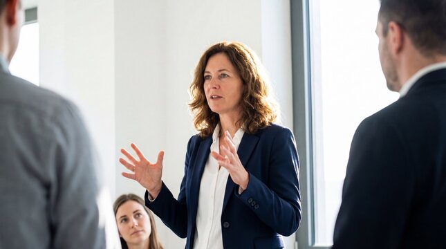 Seasoned businesswoman giving presentation to colleagues in modern office, confident expression and engaged audience