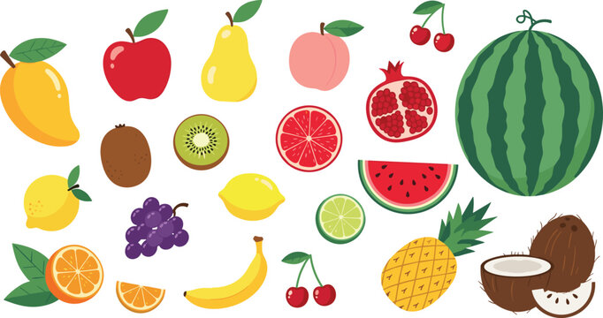 Colorful Fresh Fruit Collection Set Featuring Watermelon Pineapple Mango Apple Banana Grapes Coconut and Citrus Fruits for Healthy Food Illustration Design.