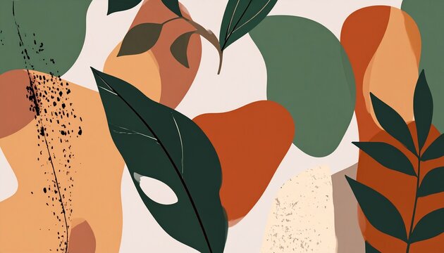 Abstract monotype print art with organic leaf shapes and textured overlay in earth tones