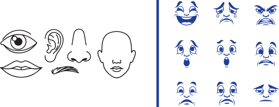 A vector character creator set featuring a pink demon boy with purple horns and various skin-tone human avatars, alongside facial elements like blue eyes, noses, and expressive red mouths.