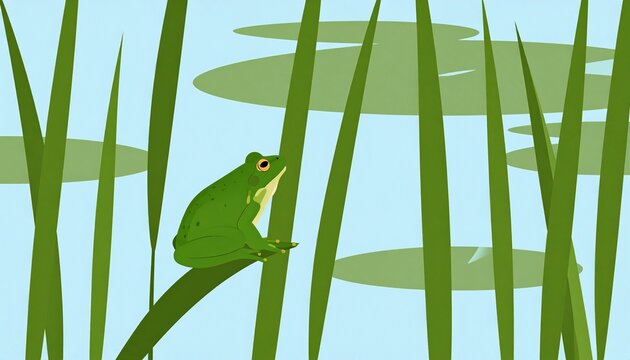 green spring peeper frog calling among pond reeds in soft sunlight