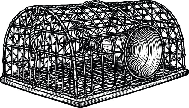 Traditional Wire Fish Trap Hand Drawn Vintage Engraving Vector Illustration