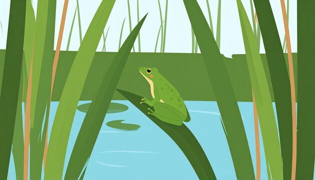 Green spring peeper frog calling on pond edge with reeds in sunlight