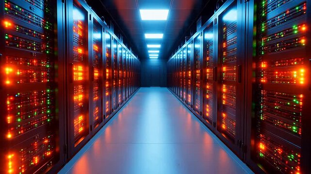 Advanced server room with illuminated racks for Digital Transformation and Cyber Infrastructure