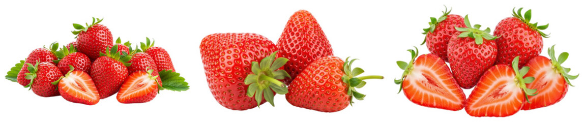 Collection of luscious, ripe red strawberries with vibrant green leaves and some sliced in half, fresh and sweet. © Akbar