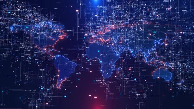 Digital World Map Futuristic blue and red digital map of the world featuring borders and high-tech data visualization. for global connectivity, international trade, cybersecurity network themes.