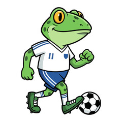 Obraz premium Cartoon frog soccer player running with ball, cute green animal mascot in white and blue uniform, dynamic football character design, isolated vector illustration on white background