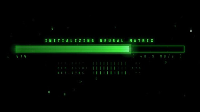 Sci-Fi Hacker Interface Initializing Neural Matrix Loading Progress Bar HUD Animation Green Text
