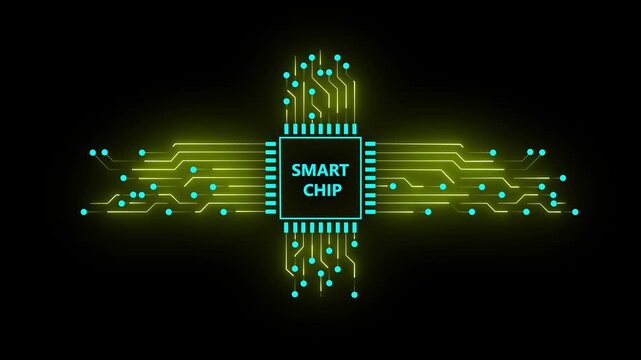 Glowing smart chip processor with connected circuit lines on a dark background. Concept of modern technology, computing, data processing, and digital innovation.