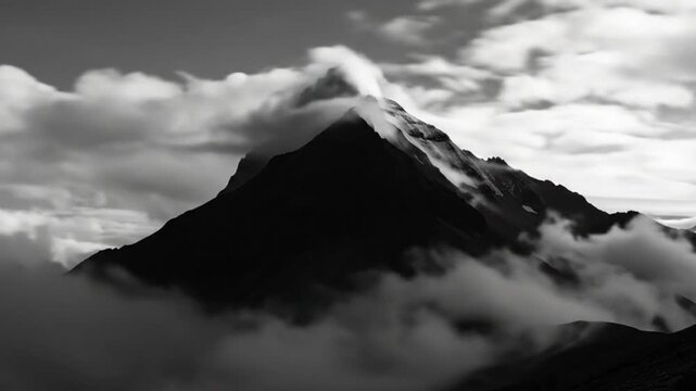 Dramatic black and white mountain peak landscape with swirling clouds and majestic scenery