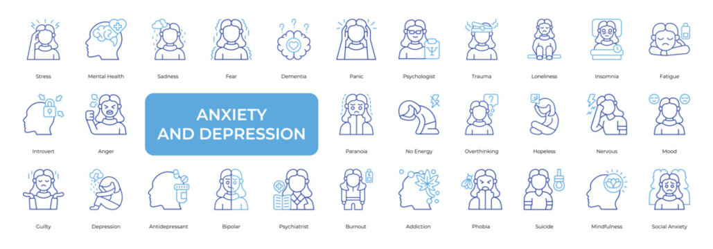 Anxiety and Depression Icon set Collection in Line Two Color Style. stress, mental, sadness, fear, dementia, panic, psychology, trauma