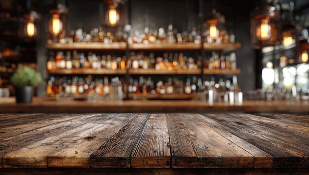 Rustic wooden bar top in front of blurred bottles and warm lighting