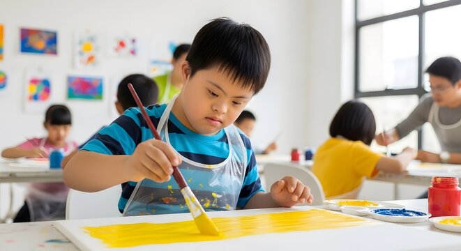 Boy with Down Syndrome Painting Yellow Canvas in Art Class