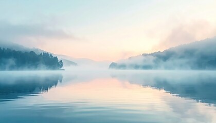 Fototapeta premium Serene Lake Landscape at Dawn with Fog.
