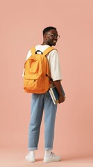 Fototapeta premium Casual Student with Backpack, Looking to Side