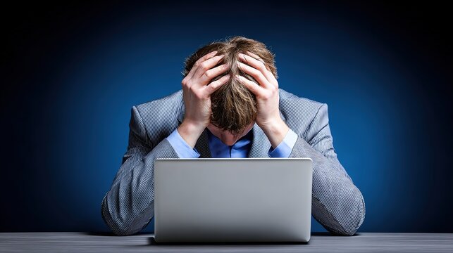 Overwhelmed by Deadline: A professional, shoulders slumped in a posture of despair, faces the weight of a looming deadline and the pressure that it brings.