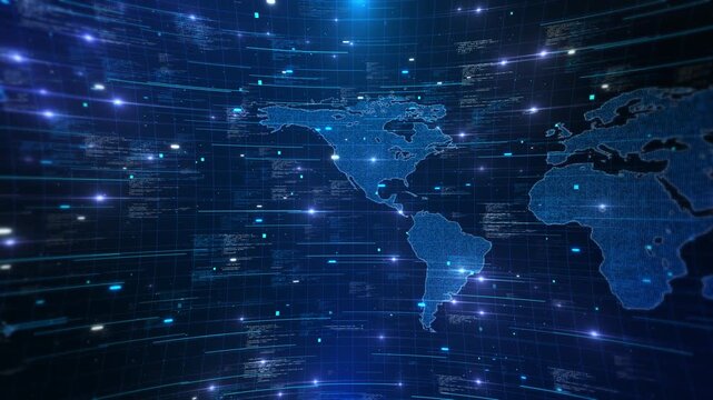 Digital World Map Global Network Data Visualization holographic earth map featuring interconnected data nodes scrolling code. Perfect for global business, telecommunications, cloud networking 3D 4K