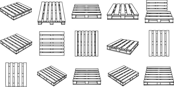 Black and White Line Art Vector Collection of Wooden Shipping Pallets in Various Angles