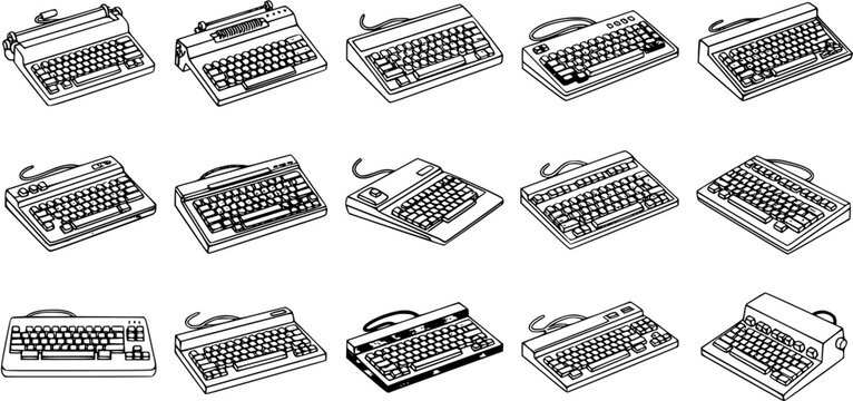Black and White Line Art Vector of Various Retro Computer Keyboards