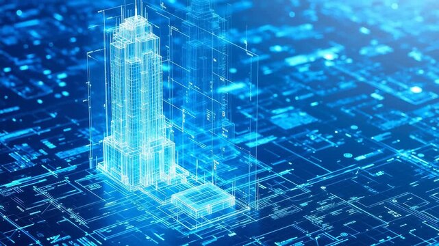 Advanced Digital blueprint of a skyscraper for Digital Transformation and Cyber Infrastructure