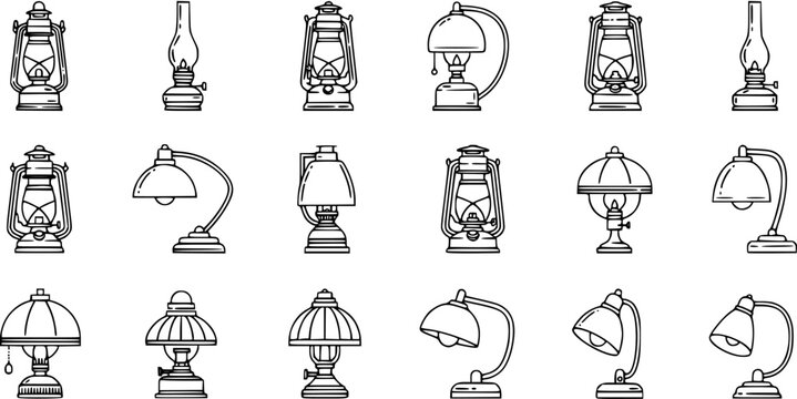 Lighting and Home Decor: Set of Black  White Line Art Icons Featuring Classic Lanterns, Oil Lamps, and Desk Lamps