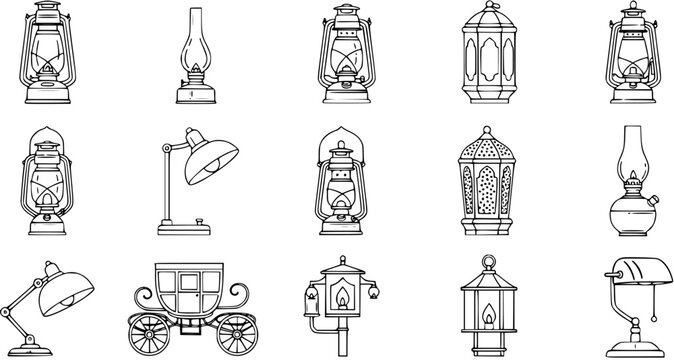 Black  White Line Art Vector Icons of Vintage and Modern Lamps, Lanterns, and a Historical Carriage for Lighting  Antique Design.
