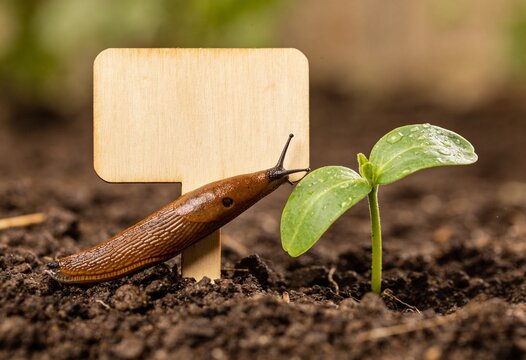 Brown slug crawling beside a young green seedling with water droplets in garden soil, pest and plant protection concept with blank wooden sign for copy space