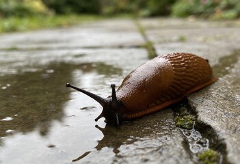 Brown slug crawling across wet stone pavement after rain, close up macro view with puddle reflection and outdoor garden wildlife in damp weather