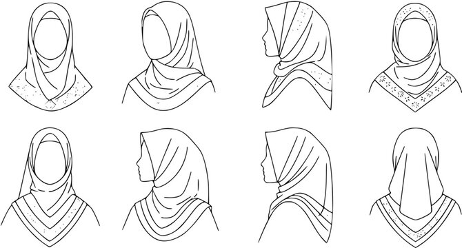 Islamic Fashion Hijab and Headscarf Styles Black  White Line Art Set. Outline Drawing of Muslim Women's Head Coverings for Cultural Design