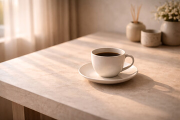 Fototapeta premium Cup of Coffee on Minimal Table with Warm Sunlight, Cozy Morning Lifestyle Background with Copy Space