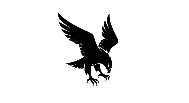 Black silhouette of a hawk in mid-flight with wings spread against a white background