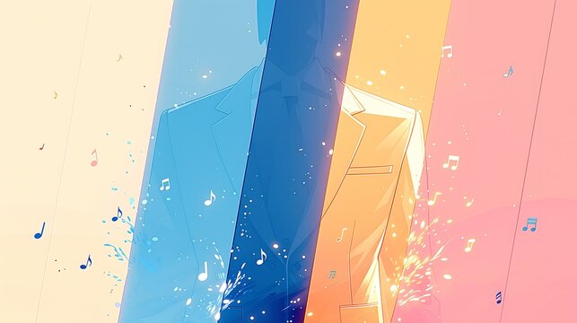 Abstract music note background, colorful suit silhouette, Kpop pleat and earring, modern music event banner, creative performance backdrop, musical note  concert festival graphic