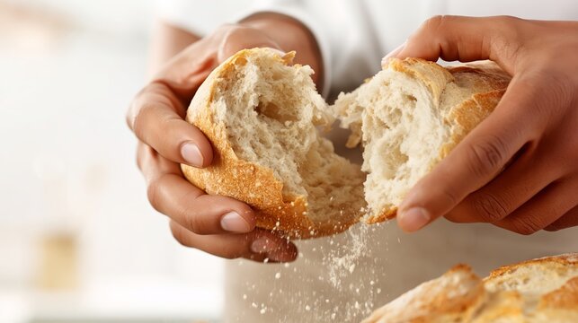 Person tearing fresh crusty loaf of bread in kitchen