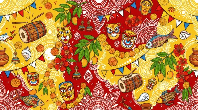 Vibrant Indian festival background with colorful patterns and symbols.