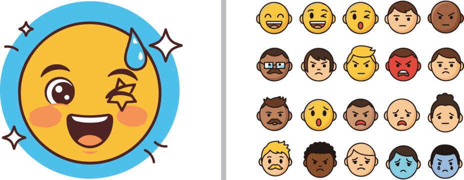 A colorful vector set featuring a large sweating emoji with star eyes and a collection of diverse human avatars with various skin tones, hair styles, and facial expressions representing many moods.