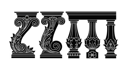 Set of decorative architectural elements, including ornate columns and balusters, in a classic style, isolated on a white background. © Refina