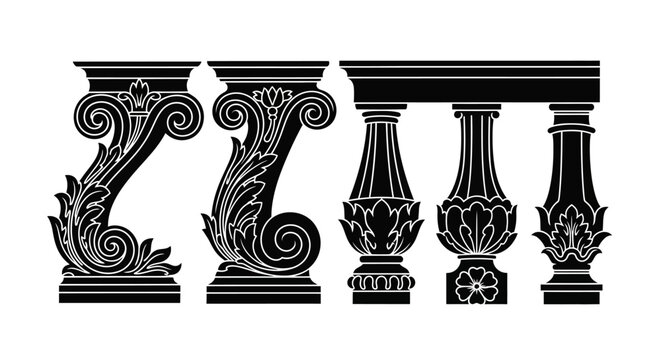 Set of decorative architectural elements, including ornate columns and balusters, in a classic style, isolated on a white background.