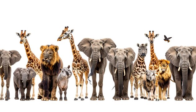 Diverse African wildlife elephants, giraffes, lions, & zebras standing together on a stark white background