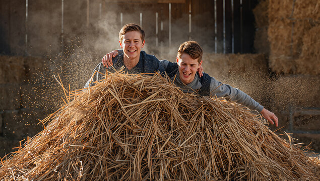 干し草へ同時に飛び込む欧州10代男性たち、乾いた痛みと芳香を分け合う瞬間