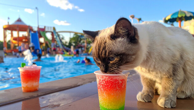 Siamese cat drinking from a slushie cup at poolside. Ai