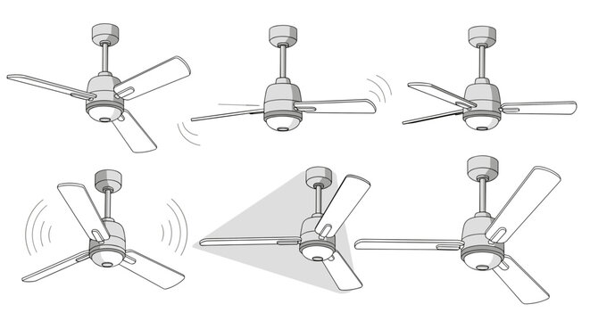 A set of six different ceiling fan designs in a vector graphic illustration