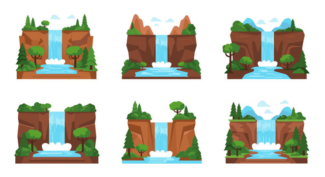 A set of six cartoon waterfall illustrations with cliffs and trees in a flat minimal style