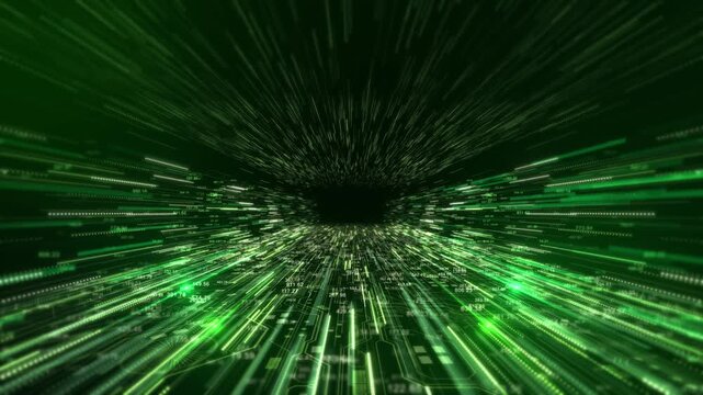 Futuristic Green Data Stream Speed Tunnel Background, digital lines rushing point dynamic cyberspace tunnel for technology visuals, big data , AI animations or futuristic transition backgrounds 3D