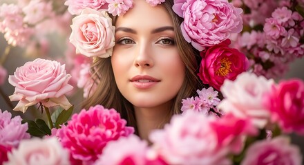 Naklejka premium Kobieta otoczona różowymi kwiatami, portret, piękno, natura.