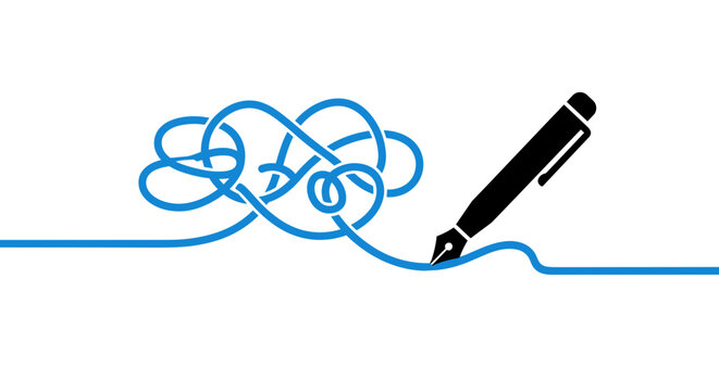 A vector graphic illustration of a pen creating a tangled line that suddenly becomes straight and organized